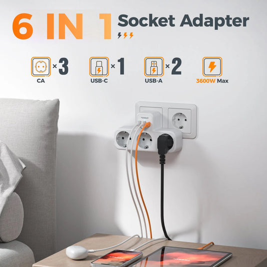 ๐ Multipresa TESSAN 6 in 1 | 3 Prese EU + USB-A + USB-C | Casa e Ufficio | Certificato CE