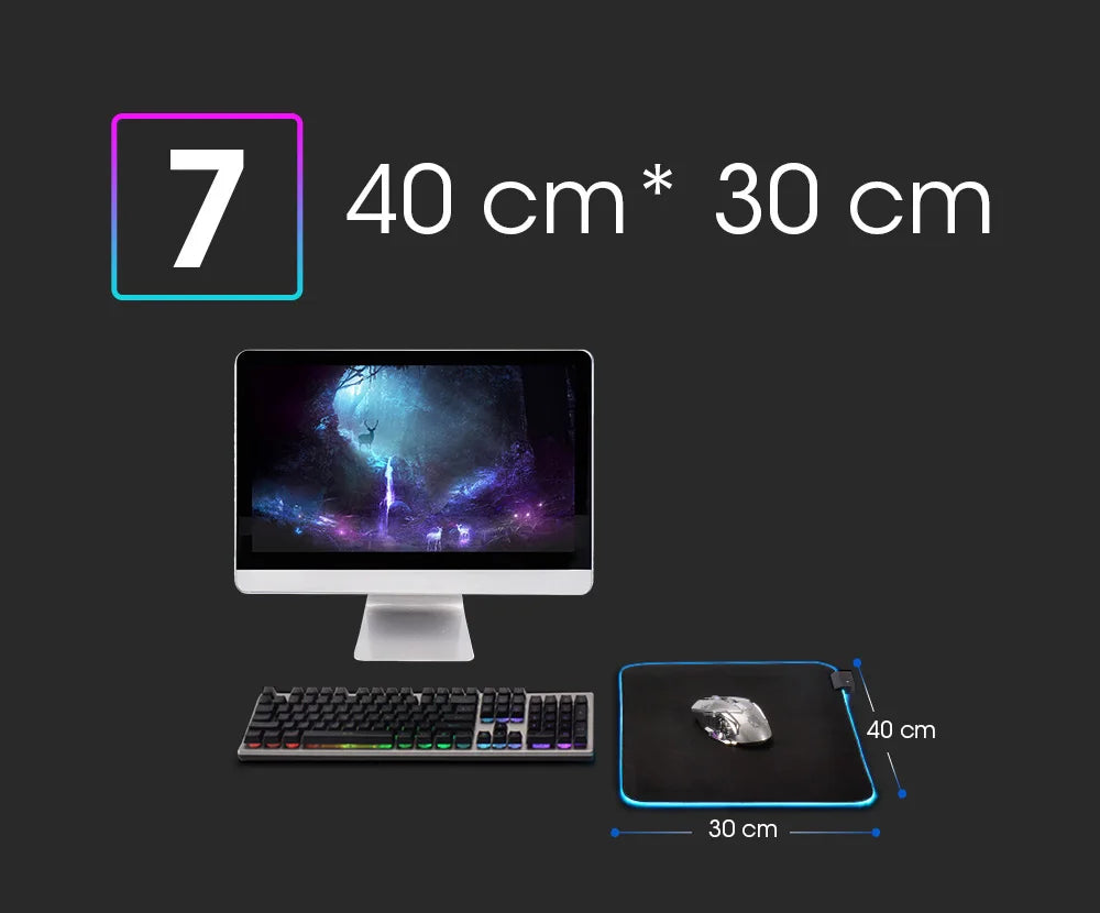Mousepad LED RGB Gaming — 14 Modalità Luce, Antiscivolo, Multidimensione — Per PC e Gamer
