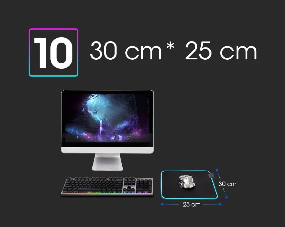 Mousepad LED RGB Gaming — 14 Modalità Luce, Antiscivolo, Multidimensione — Per PC e Gamer
