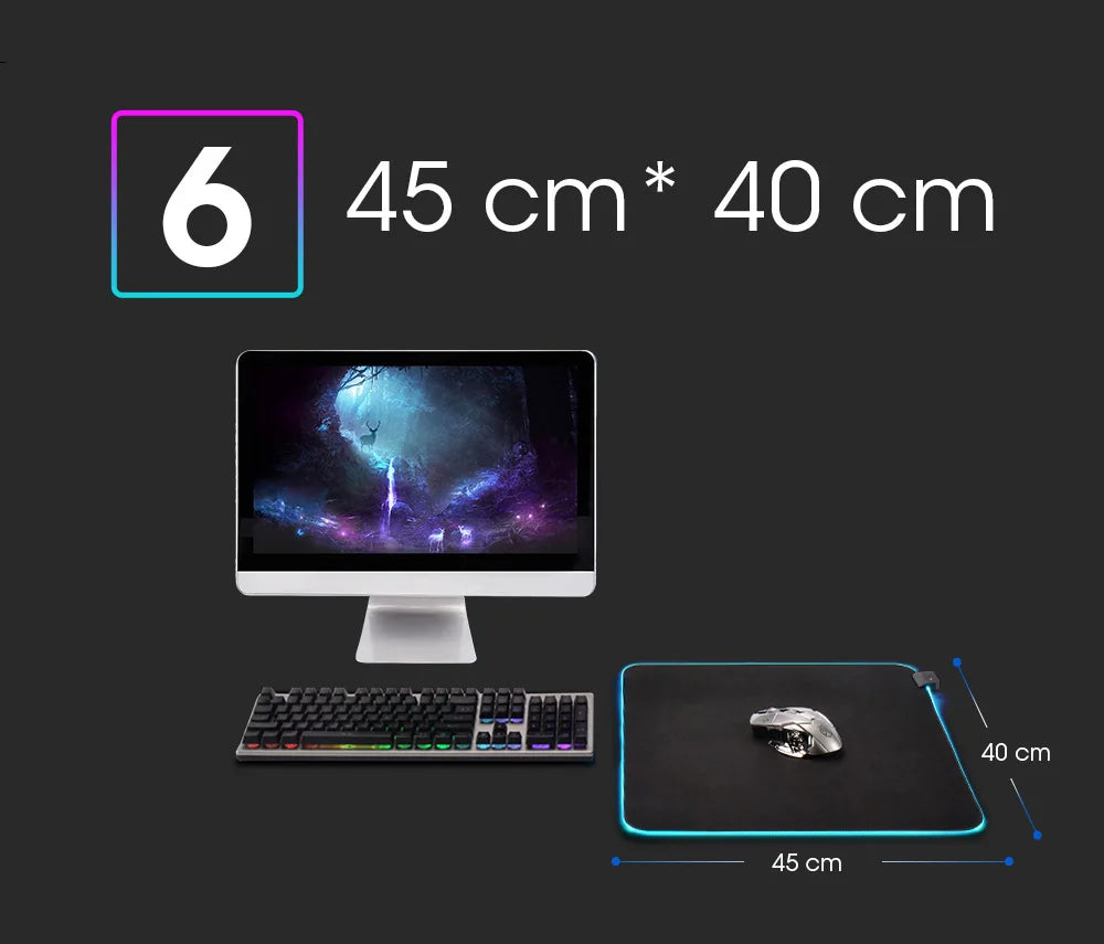 Mousepad LED RGB Gaming — 14 Modalità Luce, Antiscivolo, Multidimensione — Per PC e Gamer