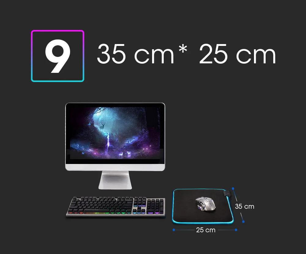 Mousepad LED RGB Gaming — 14 Modalità Luce, Antiscivolo, Multidimensione — Per PC e Gamer