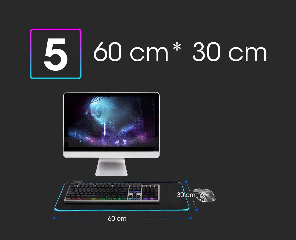 Mousepad LED RGB Gaming — 14 Modalità Luce, Antiscivolo, Multidimensione — Per PC e Gamer