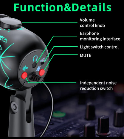 🎤 Microfono USB Condensatore RGB | Riduzione Rumore | Jack Auricolari | Gaming, Podcast & Streaming