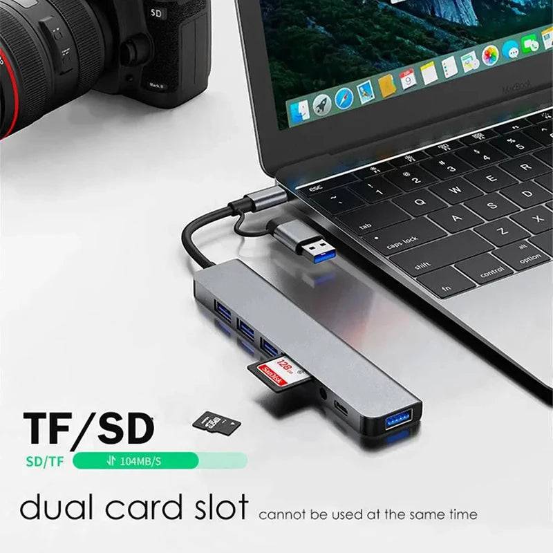 Hub USB-C 8 in 1 — 2x USB 3.0, 2x USB 2.0, USB-C, Lettore TF/SD — Compatibile con MacBook e PC