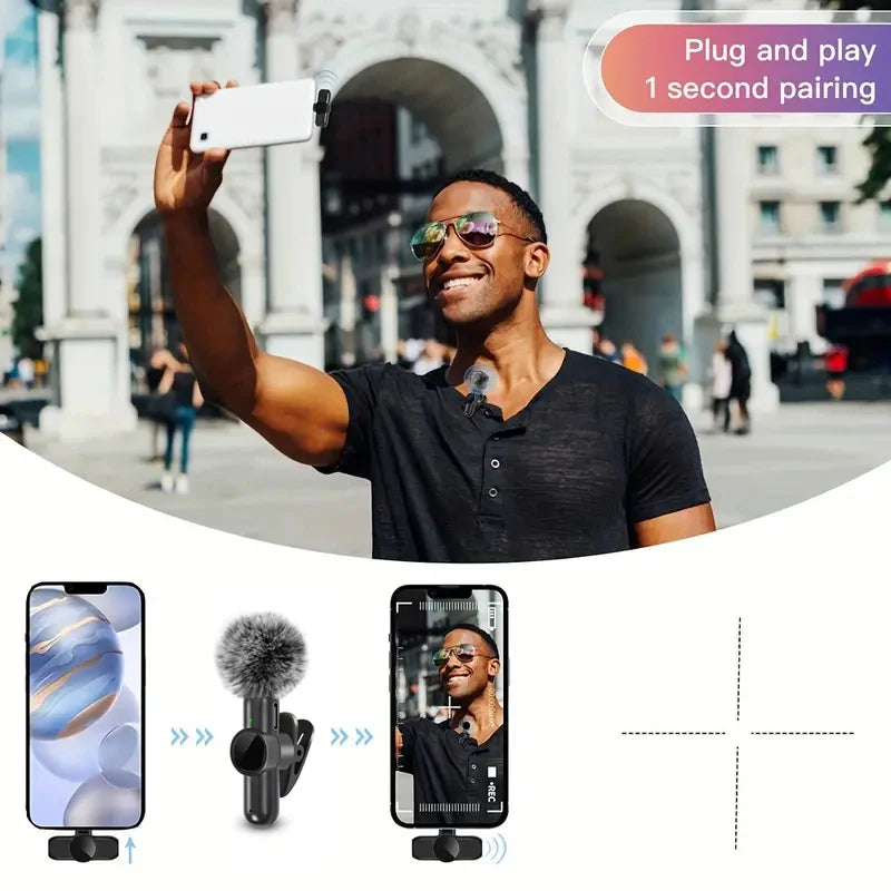 Microfono Lavalier Wireless — Plug & Play per iPhone e Android — 10h Batteria, 20m Portata