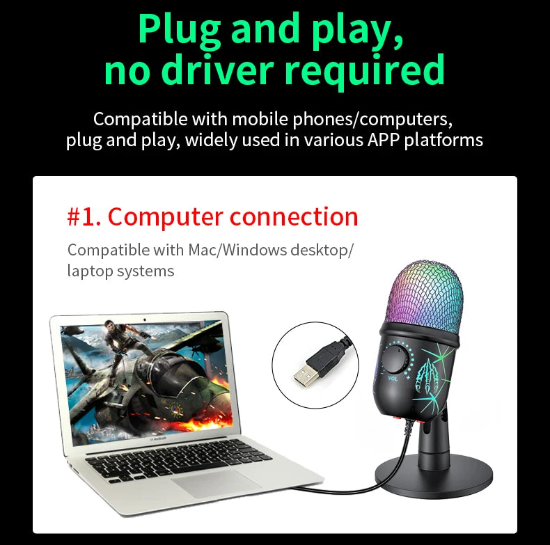 🎤 Microfono USB Condensatore RGB | Riduzione Rumore | Jack Auricolari | Gaming, Podcast & Streaming