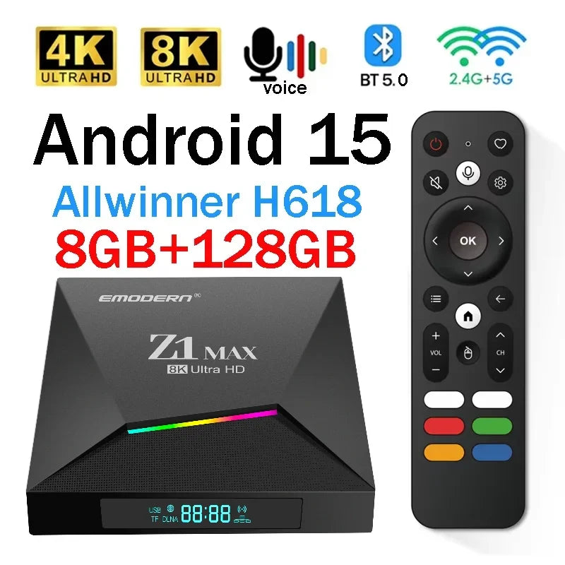 📺 Android TV Box Z1 Max | Android 15 | 8K | WiFi 5G | Bluetooth 5.0 | Telecomando Vocale | IPTV