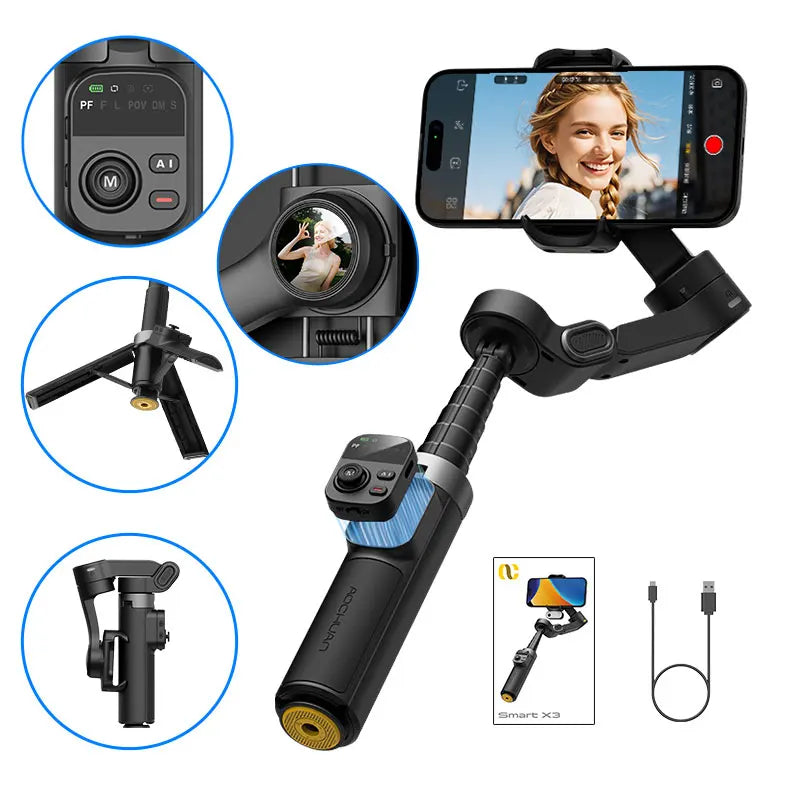 AOCHUAN Smart X3 Stabilizzatore Gimbal a 3 Assi per Smartphone con Rotazione 360°, Telecomando Magnetico e Asta Estensibile