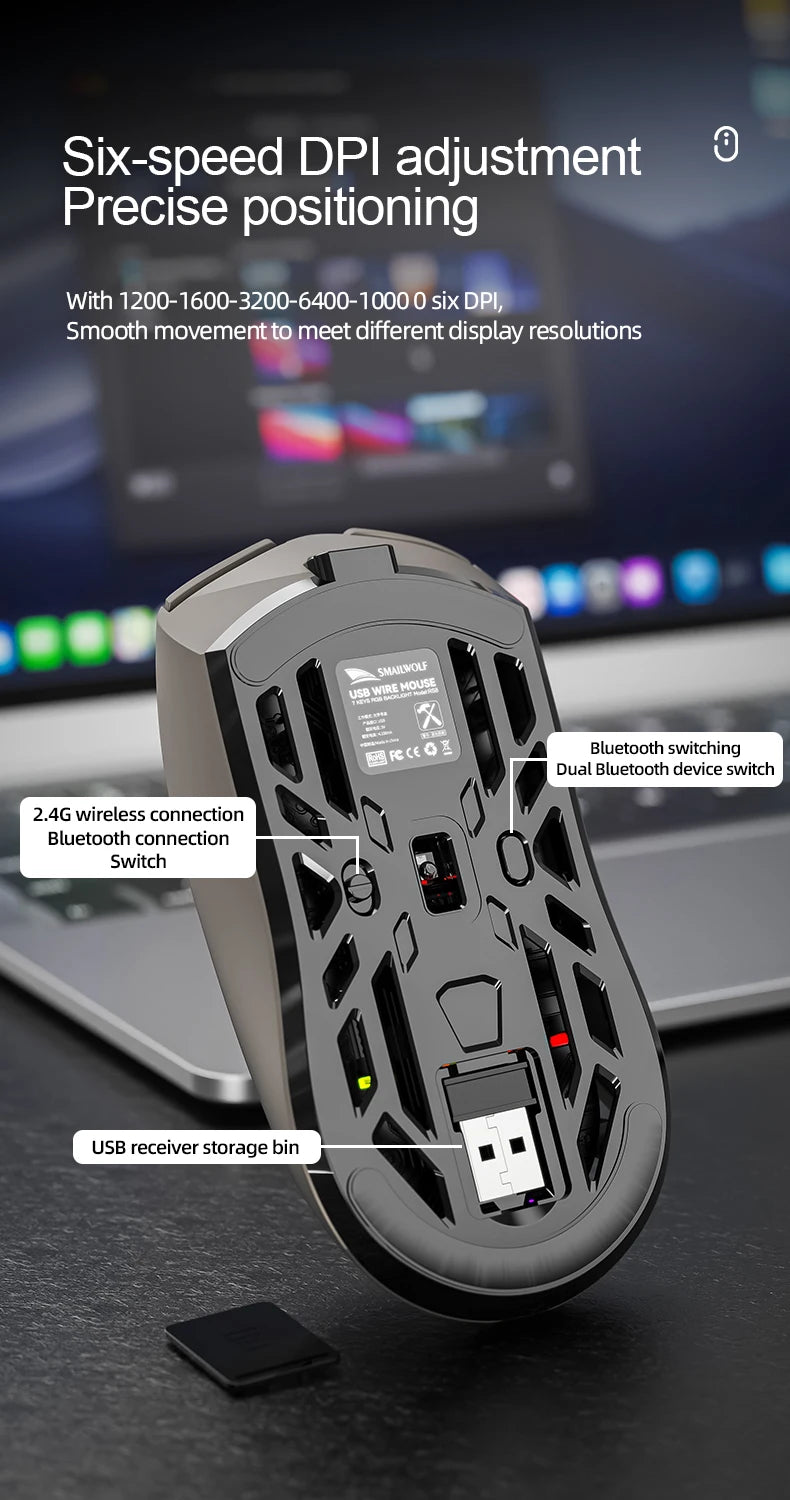🖖️ Mouse Gaming SMAILWOLF RS8 | Bluetooth + 2.4G + Cavo | 10000 DPI | Retroilluminato | 8 Colori