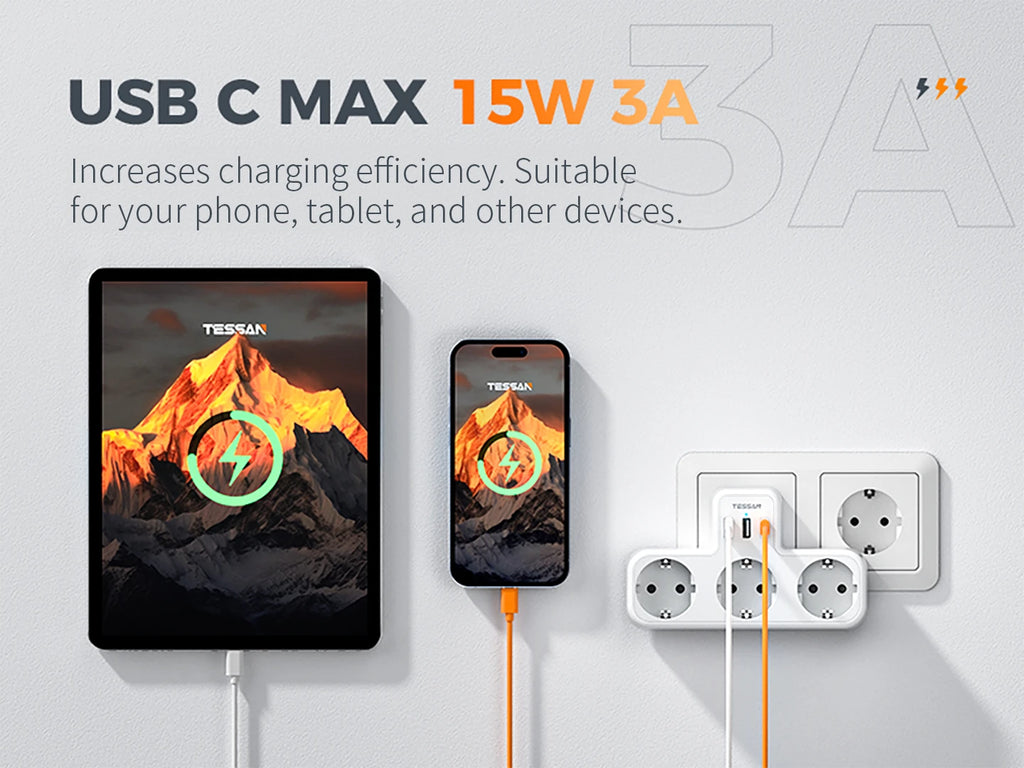 🔌 Regleta TESSAN 6 en 1 | 3 Enchufes UE + USB-A + USB-C | Hogar y Oficina | Certificado CE