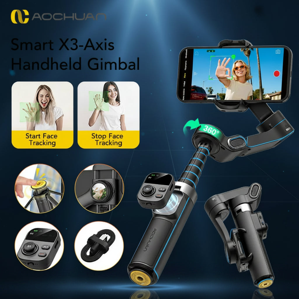 AOCHUAN Smart X3 Stabilizzatore Gimbal a 3 Assi per Smartphone con Rotazione 360°, Telecomando Magnetico e Asta Estensibile