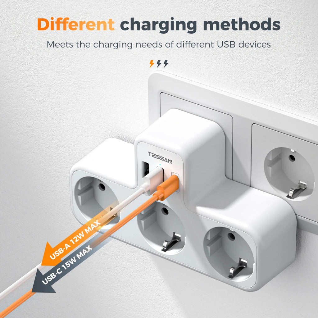 🔌 Regleta TESSAN 6 en 1 | 3 Enchufes UE + USB-A + USB-C | Hogar y Oficina | Certificado CE