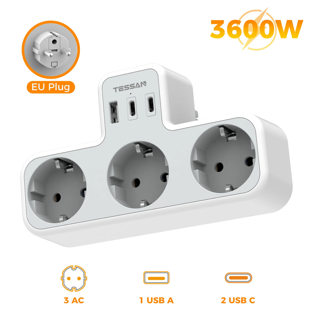 🔌 Regleta TESSAN 6 en 1 | 3 Enchufes UE + USB-A + USB-C | Hogar y Oficina | Certificado CE