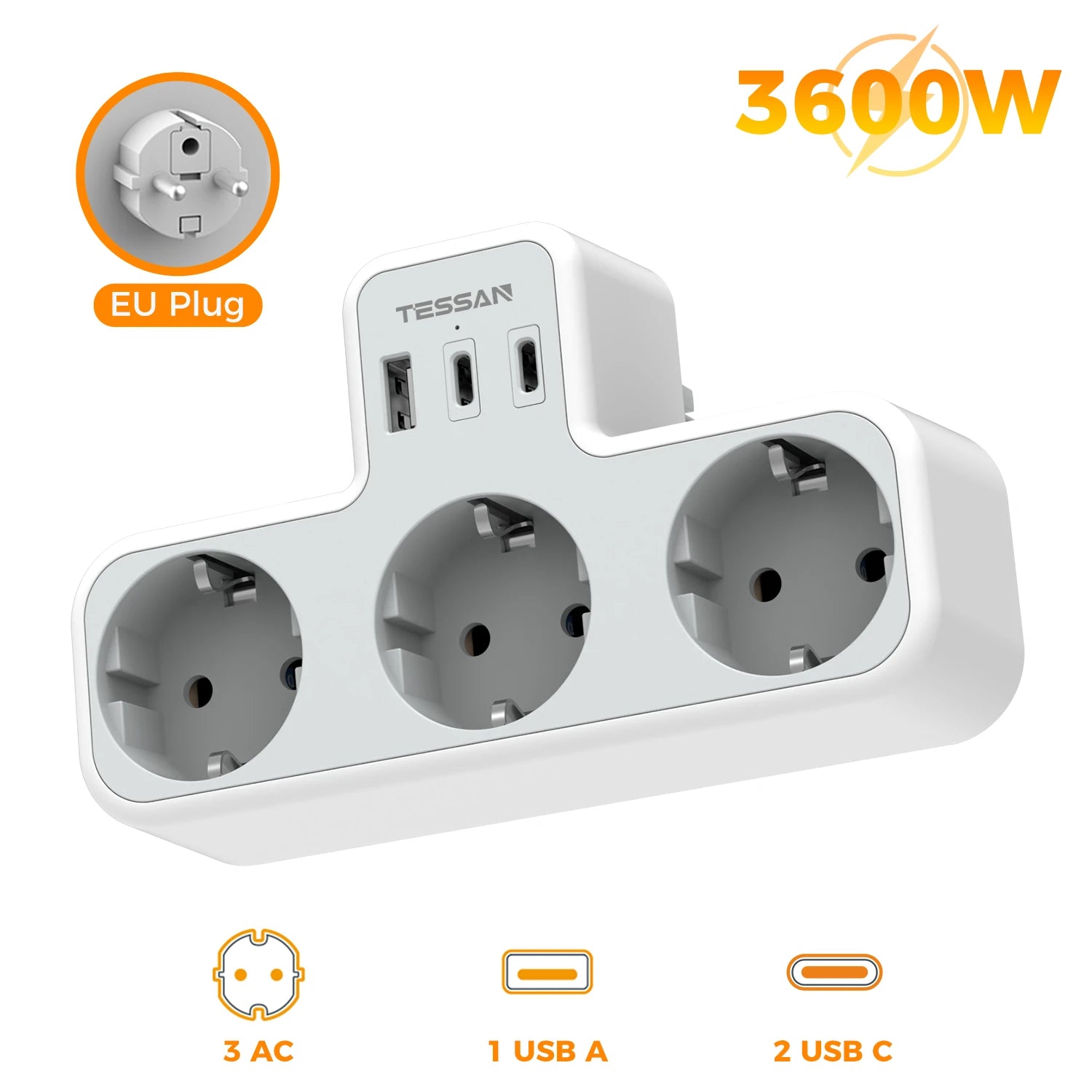 🔌 Multipresa TESSAN 6 in 1 | 3 Prese EU + USB-A + USB-C | Casa e Ufficio | Certificato CE