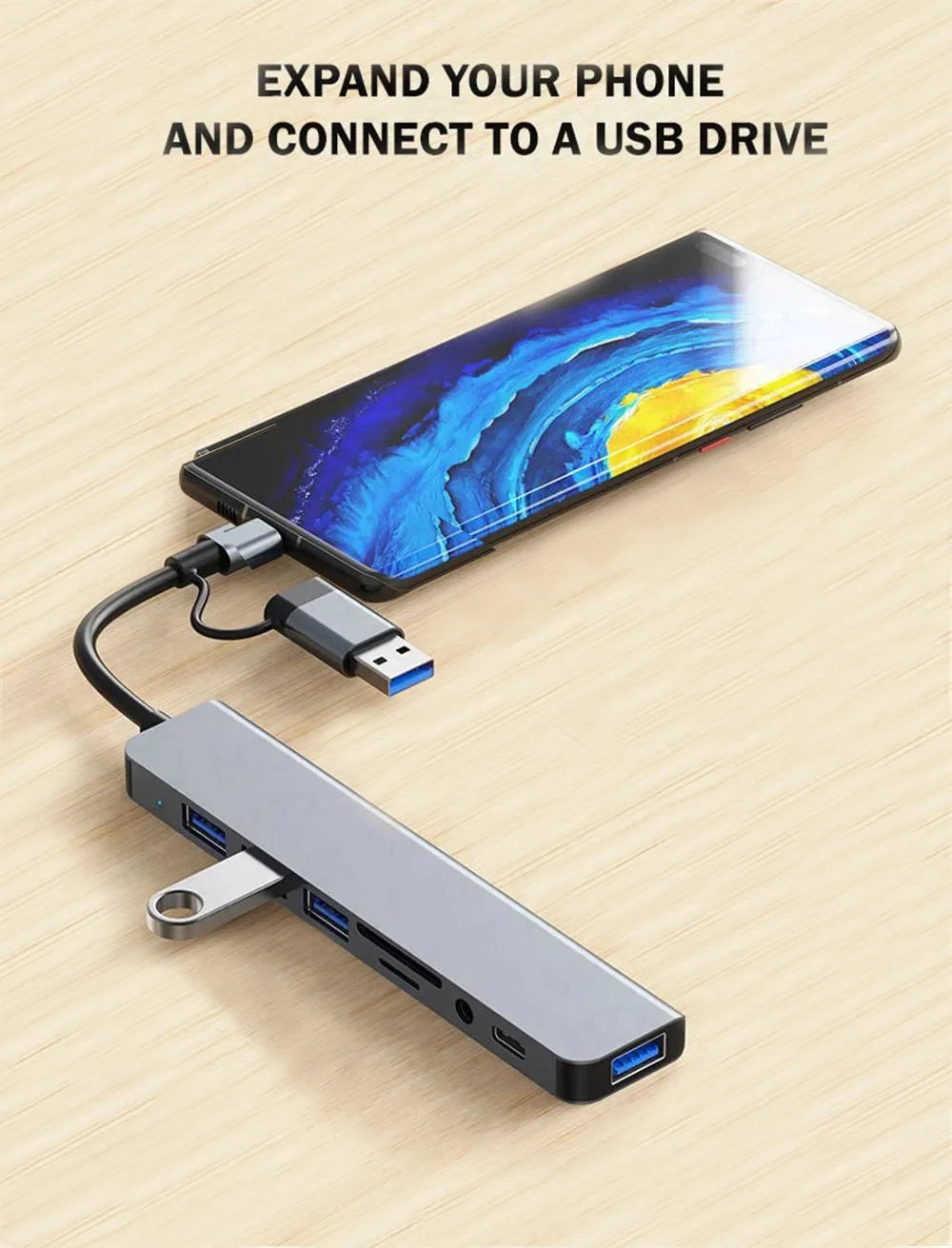 Hub USB-C 8 in 1 — 2x USB 3.0, 2x USB 2.0, USB-C, Lettore TF/SD — Compatibile con MacBook e PC