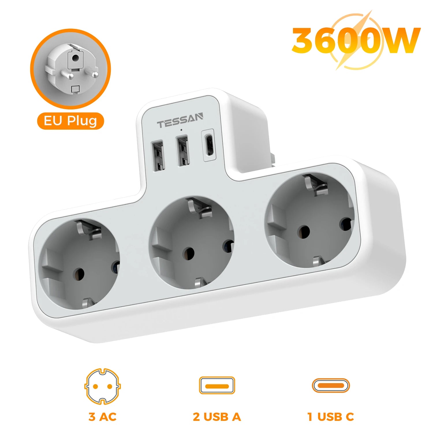 🔌 Multipresa TESSAN 6 in 1 | 3 Prese EU + USB-A + USB-C | Casa e Ufficio | Certificato CE