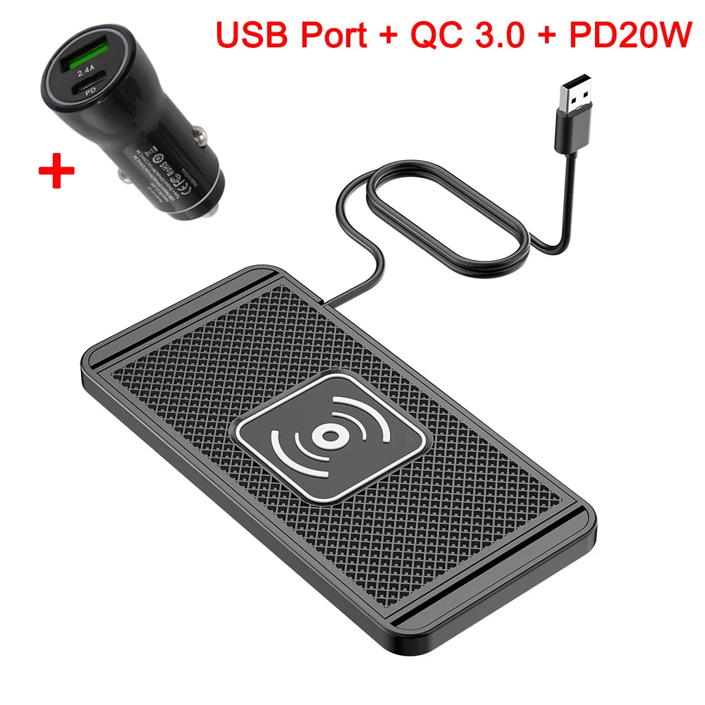 🚗 Caricatore Wireless per Auto 15W | Tappetino Antiscivolo | USB & USB-C | iPhone & Android