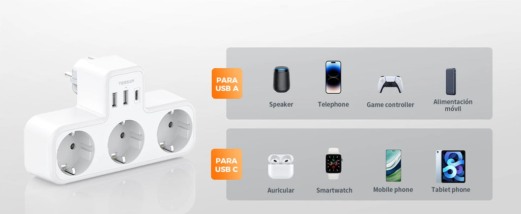 🔌 Regleta TESSAN 6 en 1 | 3 Enchufes UE + USB-A + USB-C | Hogar y Oficina | Certificado CE