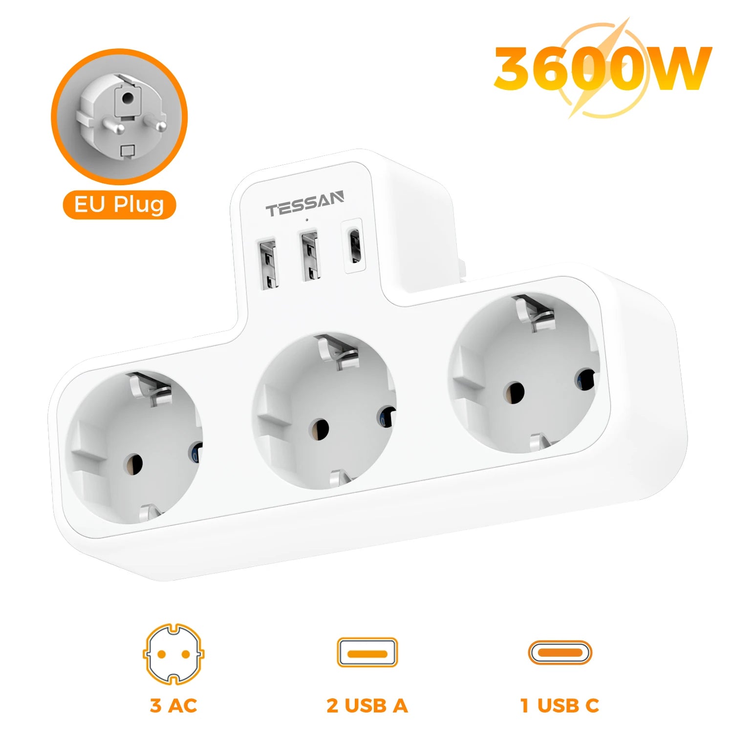 🔌 Multipresa TESSAN 6 in 1 | 3 Prese EU + USB-A + USB-C | Casa e Ufficio | Certificato CE