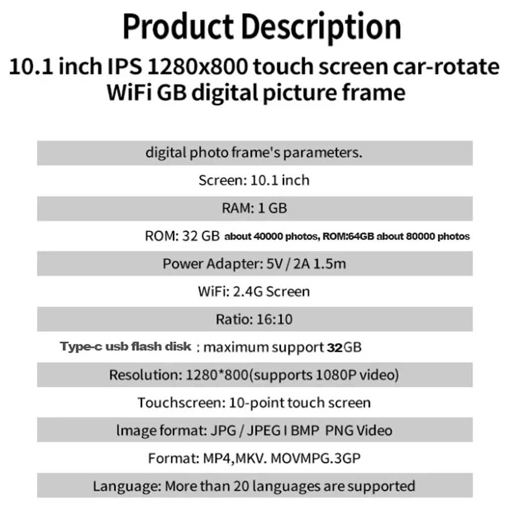 🖼️ Cornice Digitale WiFi 10.1" | Schermo IPS HD Touch | 32GB/64GB | App Frameo | Regalo Perfetto