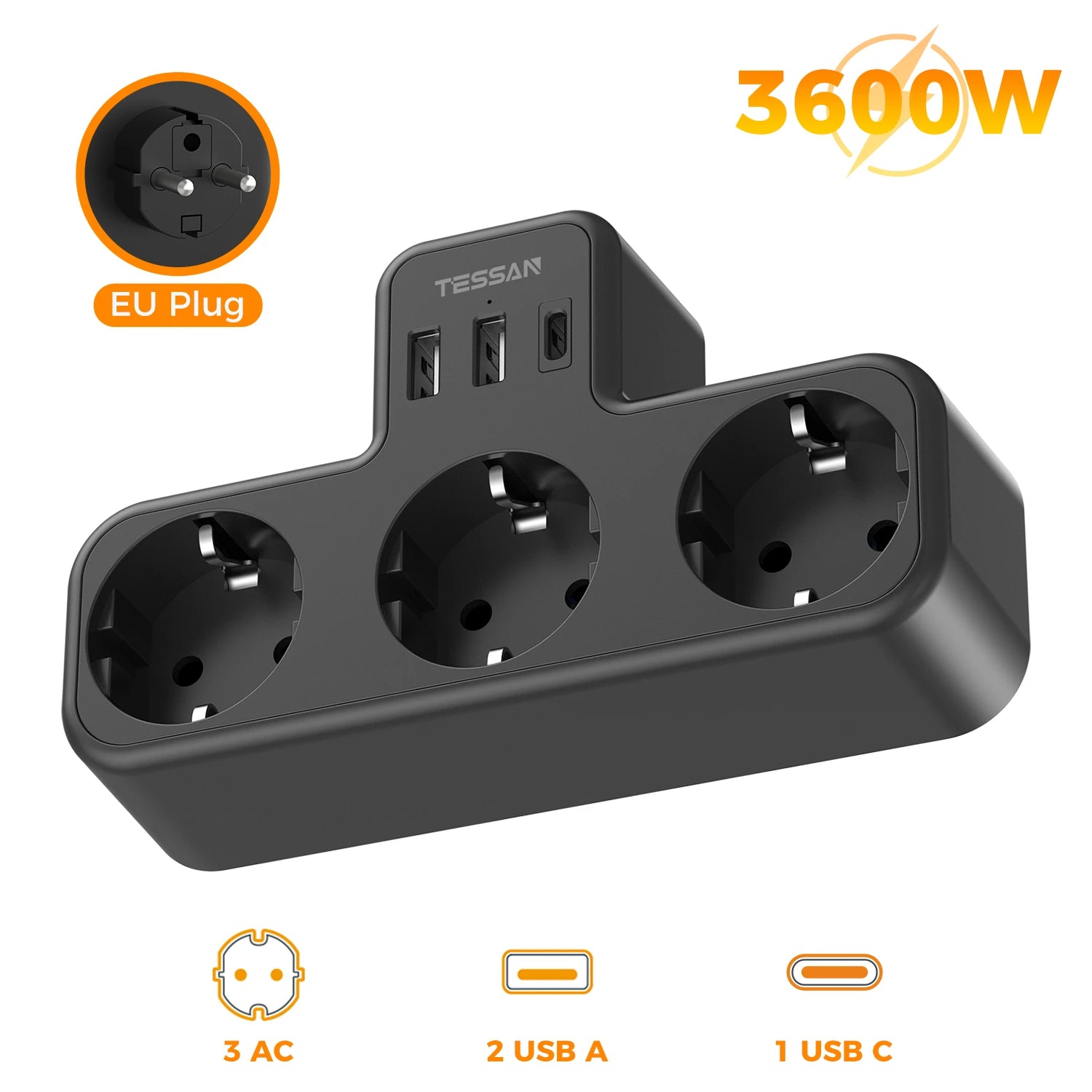 🔌 Multipresa TESSAN 6 in 1 | 3 Prese EU + USB-A + USB-C | Casa e Ufficio | Certificato CE