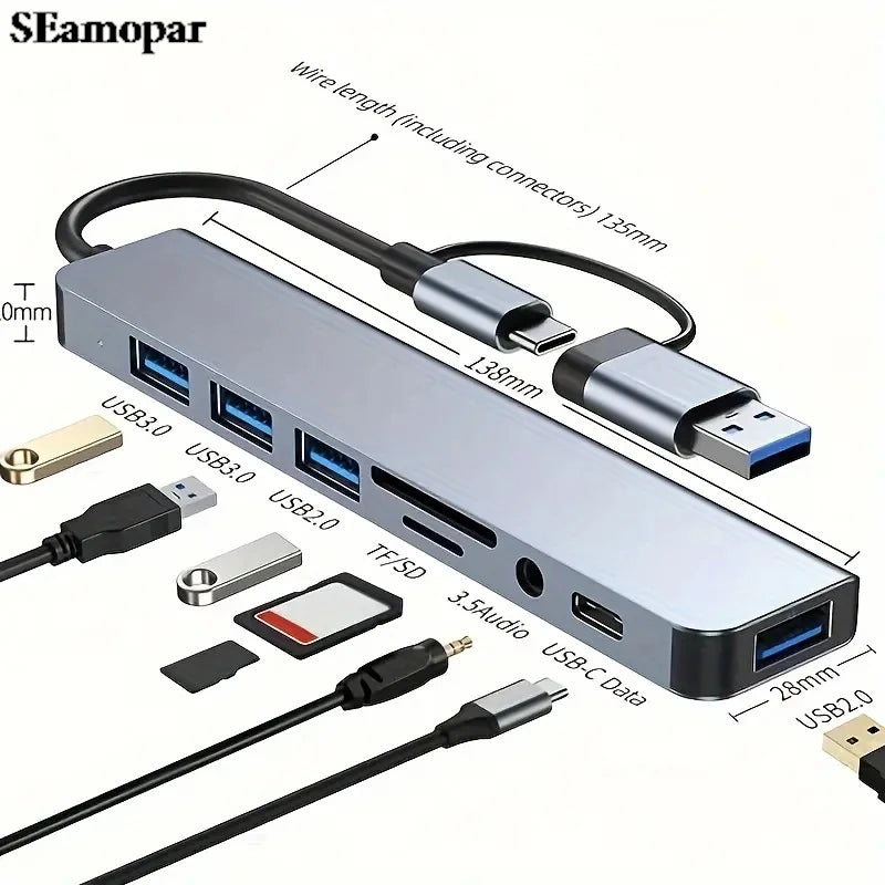 Hub USB-C 8 in 1 — 2x USB 3.0, 2x USB 2.0, USB-C, Lettore TF/SD — Compatibile con MacBook e PC