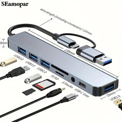 Hub USB-C 8 in 1 — 2x USB 3.0, 2x USB 2.0, USB-C, Lettore TF/SD — Compatibile con MacBook e PC