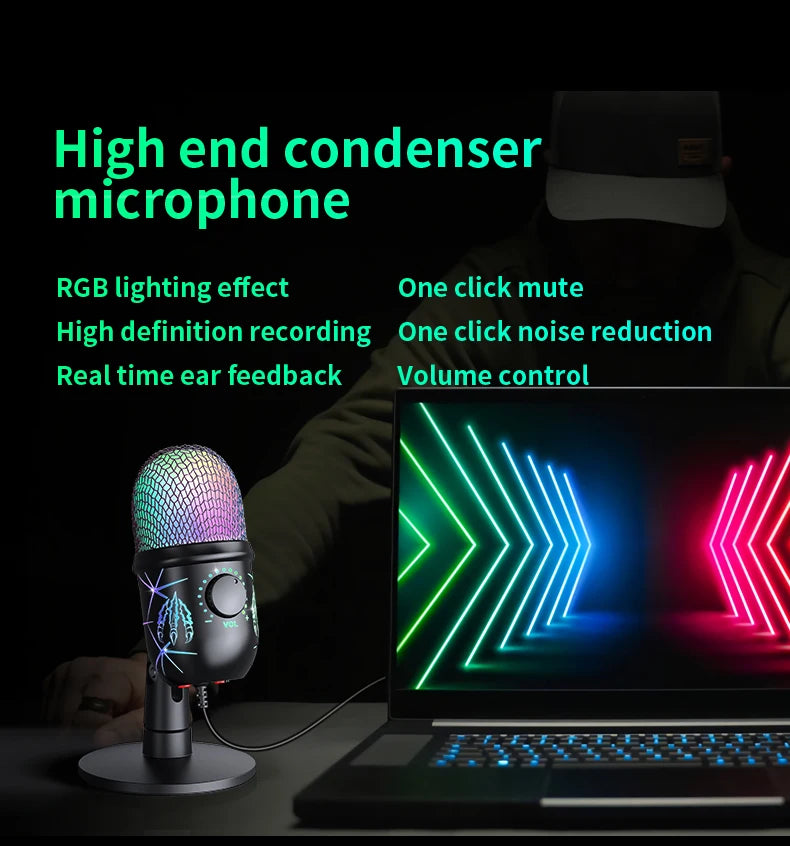 🎤 Microfono USB Condensatore RGB | Riduzione Rumore | Jack Auricolari | Gaming, Podcast & Streaming