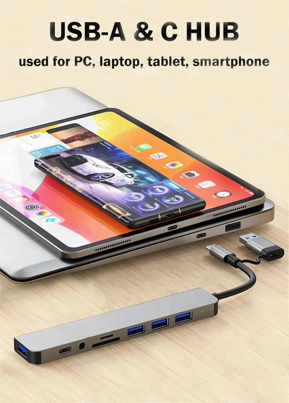Hub USB-C 8 in 1 — 2x USB 3.0, 2x USB 2.0, USB-C, Lettore TF/SD — Compatibile con MacBook e PC