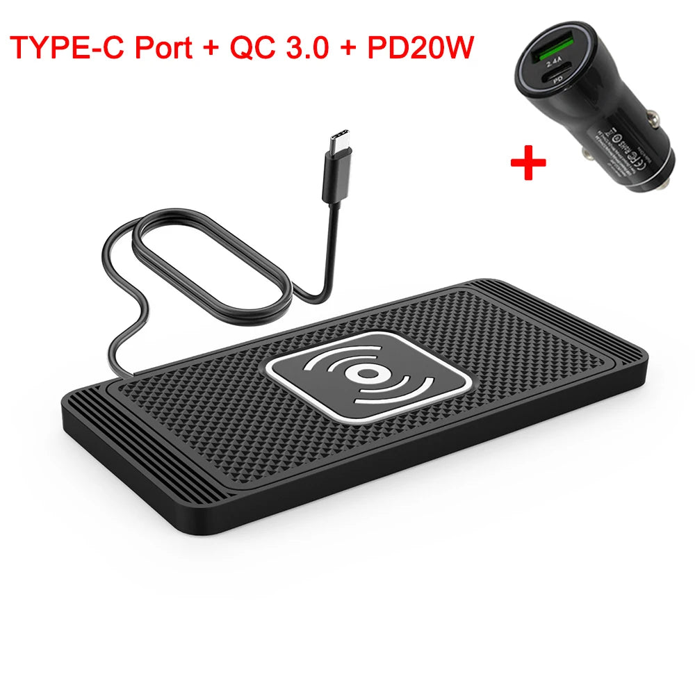 🚗 Caricatore Wireless per Auto 15W | Tappetino Antiscivolo | USB & USB-C | iPhone & Android