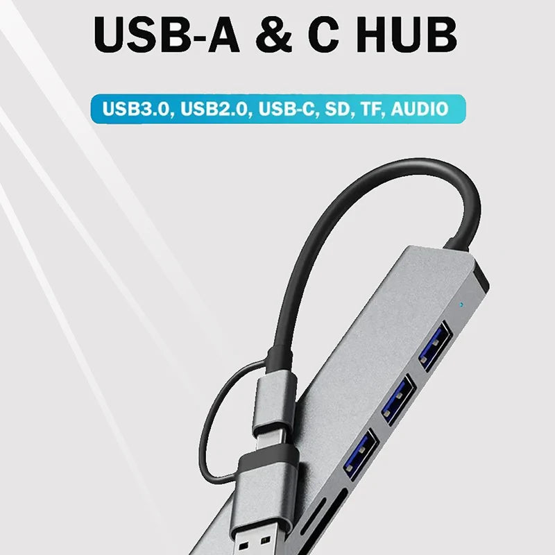 Hub USB-C 8 in 1 — 2x USB 3.0, 2x USB 2.0, USB-C, Lettore TF/SD — Compatibile con MacBook e PC