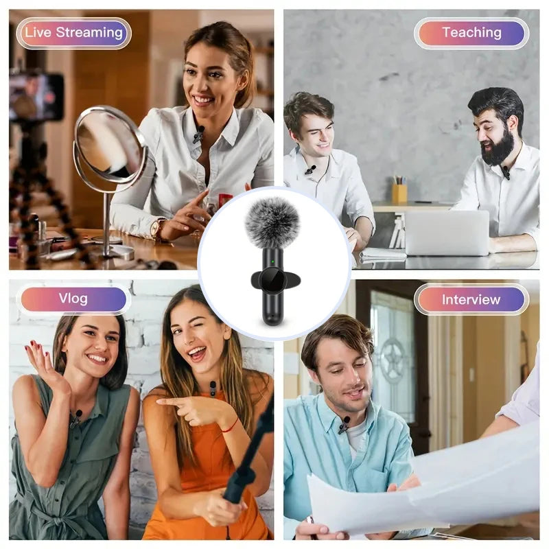 Microfono Lavalier Wireless — Plug & Play per iPhone e Android — 10h Batteria, 20m Portata