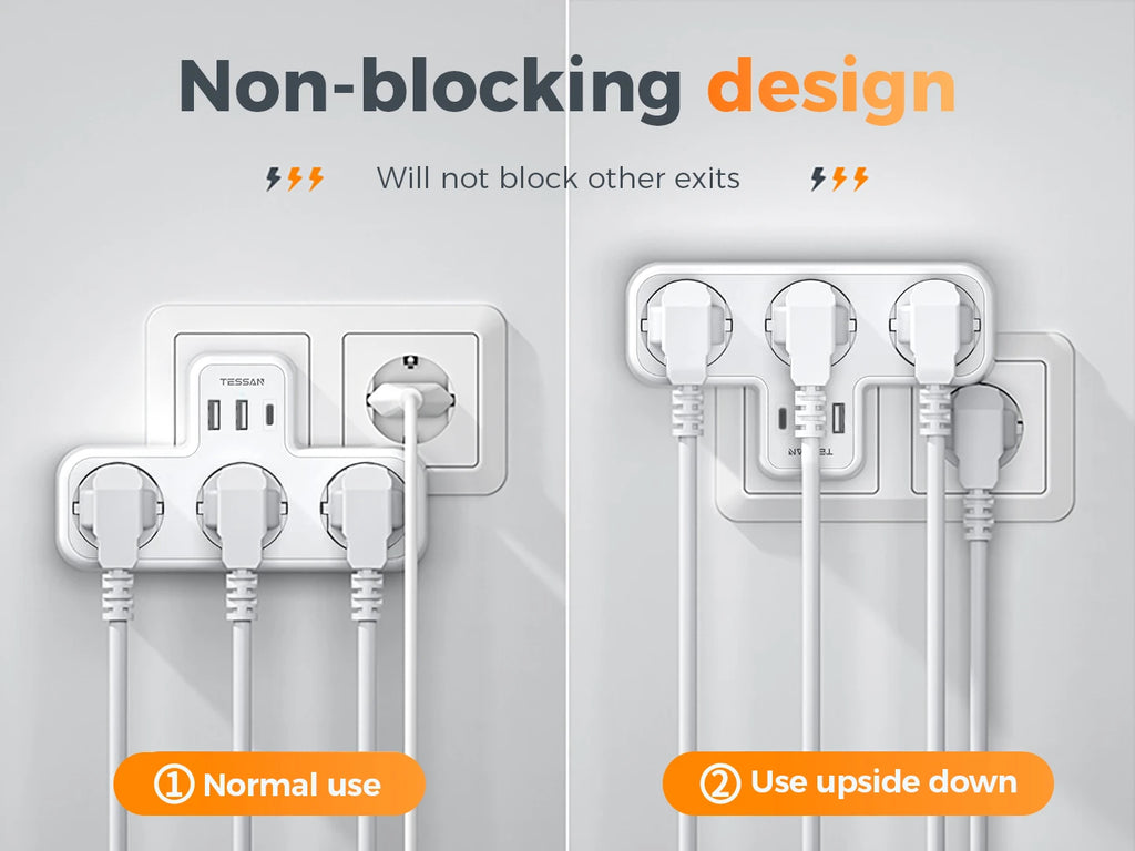 🔌 Regleta TESSAN 6 en 1 | 3 Enchufes UE + USB-A + USB-C | Hogar y Oficina | Certificado CE