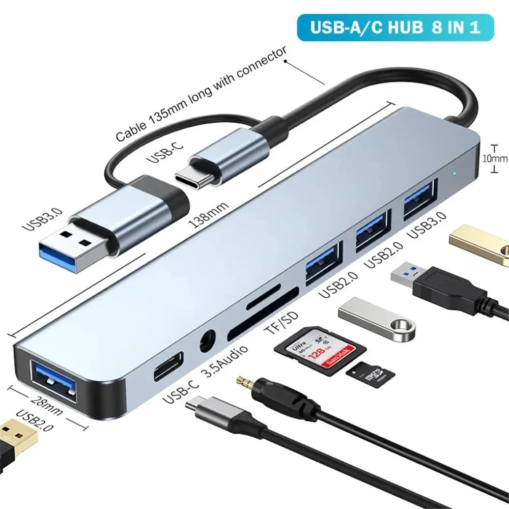 Hub USB-C 8 in 1 — 2x USB 3.0, 2x USB 2.0, USB-C, Lettore TF/SD — Compatibile con MacBook e PC