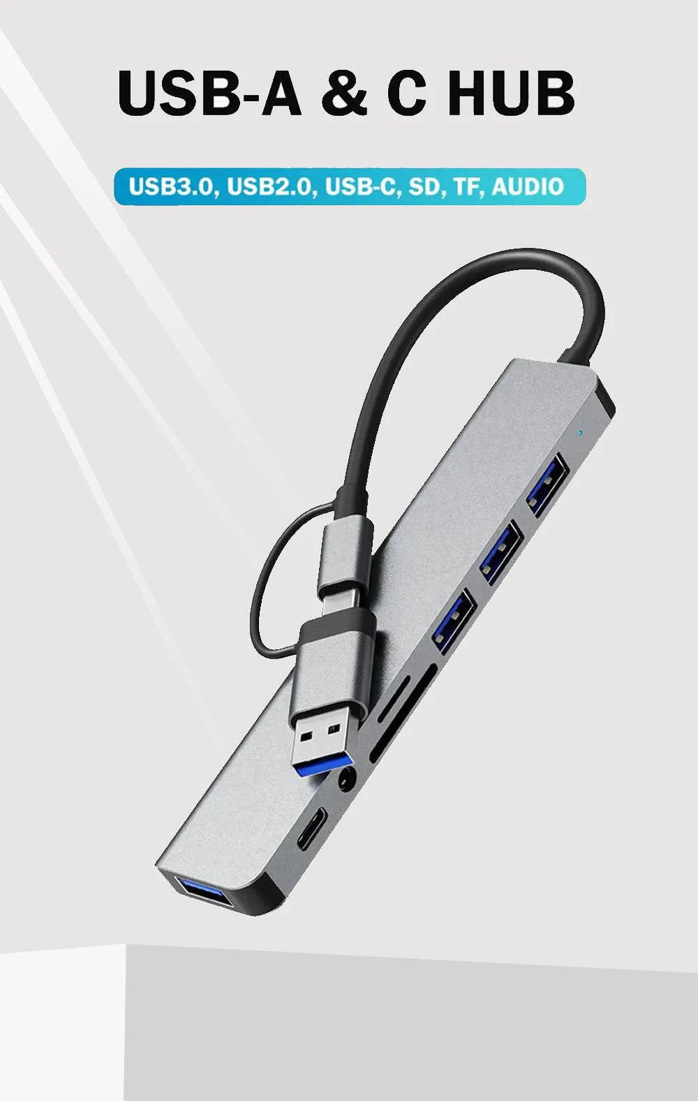 Hub USB-C 8 in 1 — 2x USB 3.0, 2x USB 2.0, USB-C, Lettore TF/SD — Compatibile con MacBook e PC