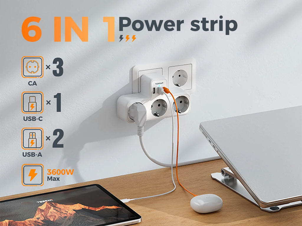 🔌 Regleta TESSAN 6 en 1 | 3 Enchufes UE + USB-A + USB-C | Hogar y Oficina | Certificado CE