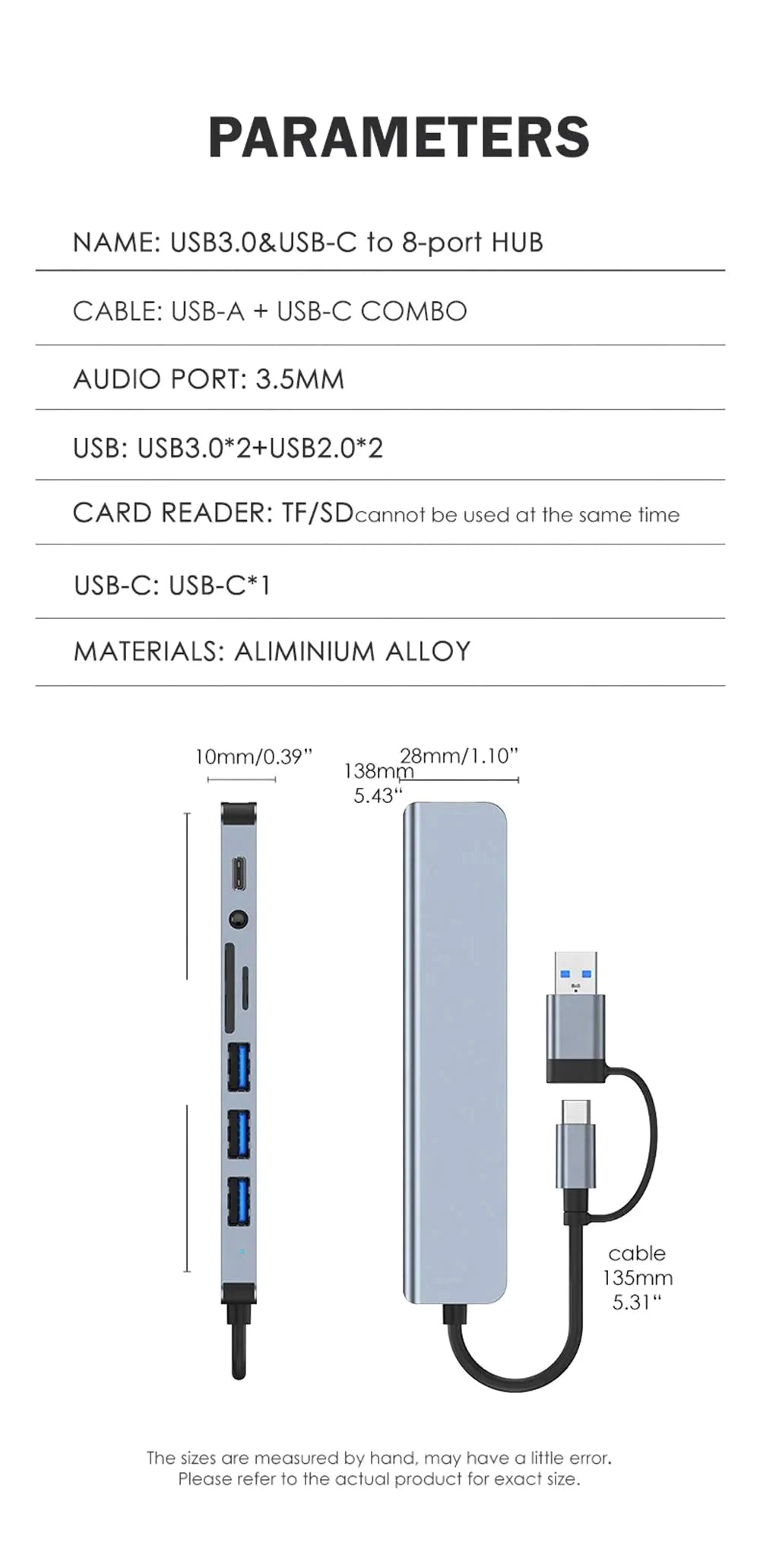 Hub USB-C 8 in 1 — 2x USB 3.0, 2x USB 2.0, USB-C, Lettore TF/SD — Compatibile con MacBook e PC