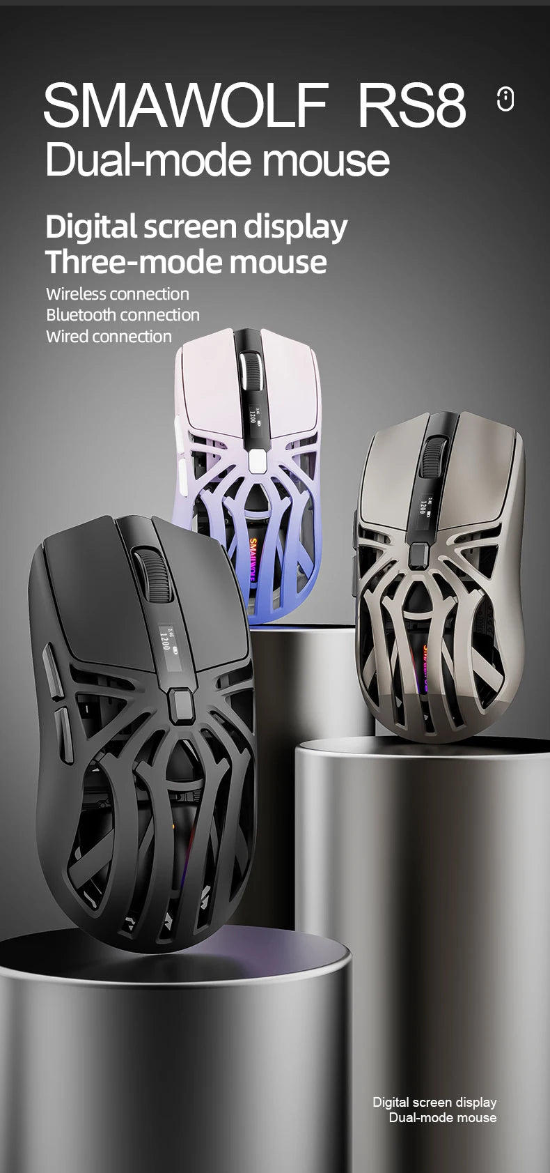 🖖️ Mouse Gaming SMAILWOLF RS8 | Bluetooth + 2.4G + Cavo | 10000 DPI | Retroilluminato | 8 Colori