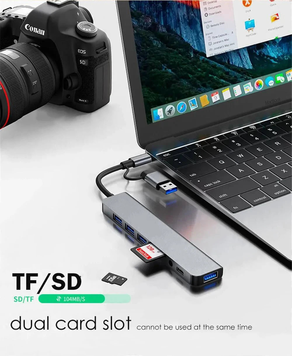 Hub USB-C 8 in 1 — 2x USB 3.0, 2x USB 2.0, USB-C, Lettore TF/SD — Compatibile con MacBook e PC