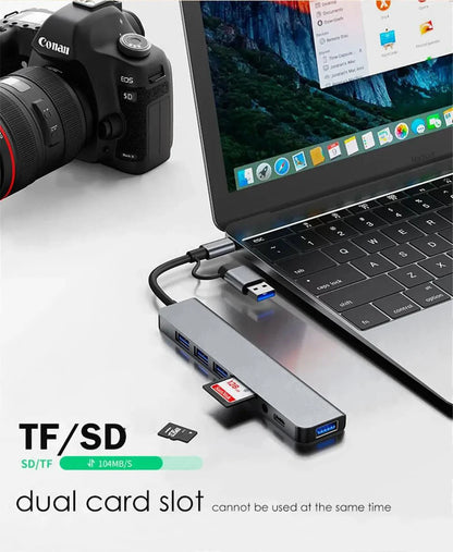 Hub USB-C 8 in 1 — 2x USB 3.0, 2x USB 2.0, USB-C, Lettore TF/SD — Compatibile con MacBook e PC