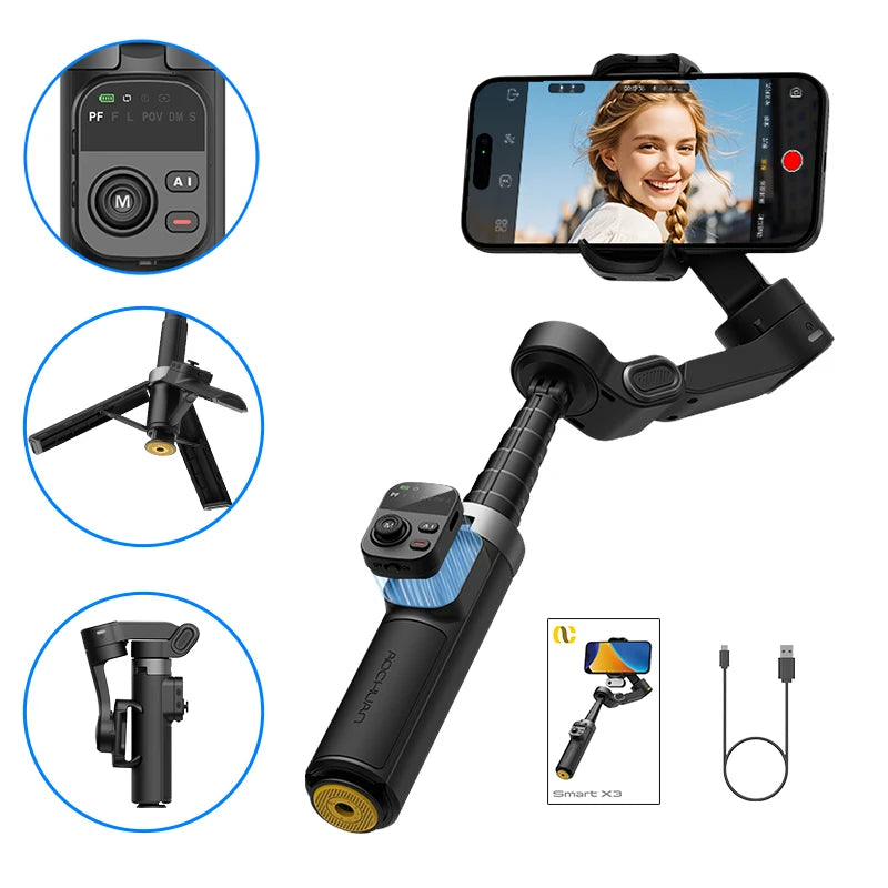 AOCHUAN Smart X3 Stabilizzatore Gimbal a 3 Assi per Smartphone con Rotazione 360°, Telecomando Magnetico e Asta Estensibile