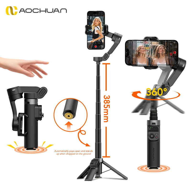 AOCHUAN Smart X3 Stabilizzatore Gimbal a 3 Assi per Smartphone con Rotazione 360°, Telecomando Magnetico e Asta Estensibile