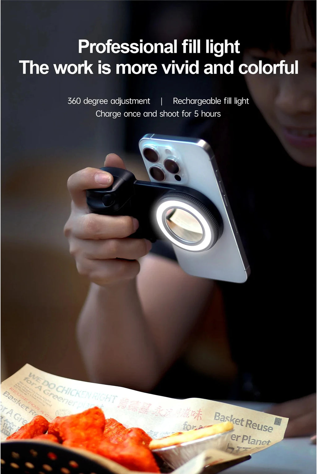 📸 Grip MagSafe con luz de relleno + control remoto Bluetooth | Selfies y contenido sin vibraciones