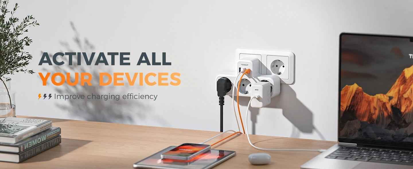 🔌 Regleta TESSAN 6 en 1 | 3 Enchufes UE + USB-A + USB-C | Hogar y Oficina | Certificado CE