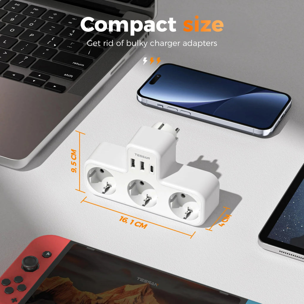 🔌 Regleta TESSAN 6 en 1 | 3 Enchufes UE + USB-A + USB-C | Hogar y Oficina | Certificado CE