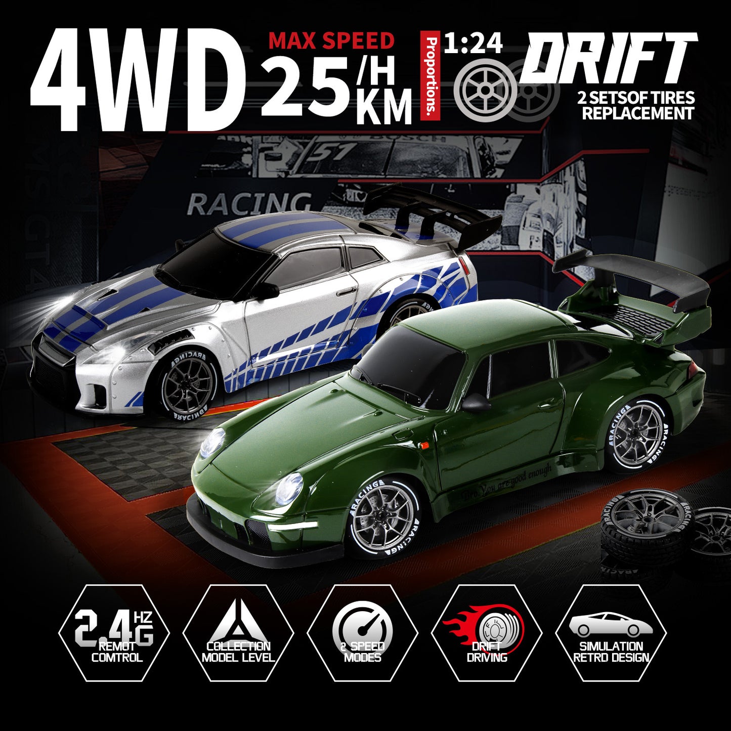 Auto RC Drift 4WD con Luci LED e Telecomando — Alta Velocità